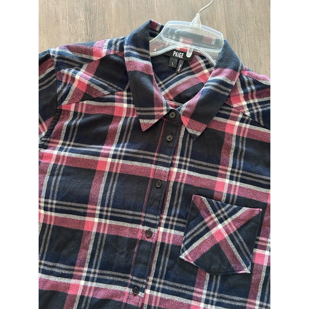 Paige Womens Top Shirt L Flannel Plaid Black Pink Long Sleeve Button Collar